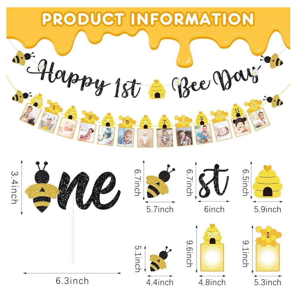 NWT 3 Pcs 1st Bee Day Bumble Honey Bee Birthday Banner Photo Banner Cake Topper